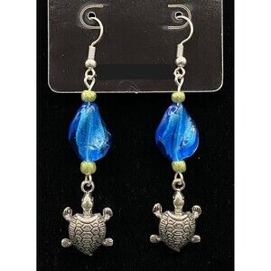 Handmade Silver Tone Turtle Blue & Green Glass Bead Earrings by Neanie-Bot